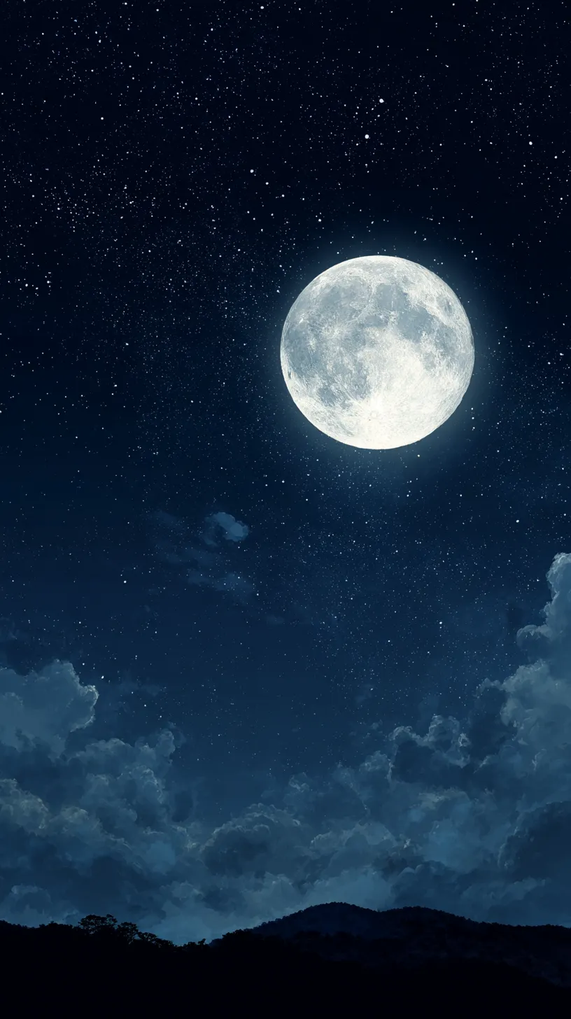 おしゃれ夜空の満月壁紙｜澄んだ空に浮かぶ満月と煌めく星々を描いたおしゃれ夜空の壁紙。雲と山影が奥行きを生み、夜の静寂と月光の神秘を際立たせている。