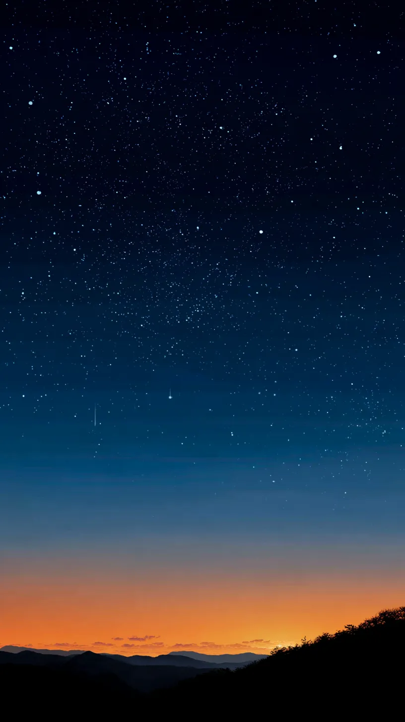 美しい星空 壁紙 夜明け前｜山並みとオレンジ色の地平線、その上に広がる満天の美しい星空が描かれた壁紙。夜と朝が交わる瞬間の鮮やかなグラデーションが、時間の移ろいを象徴している。