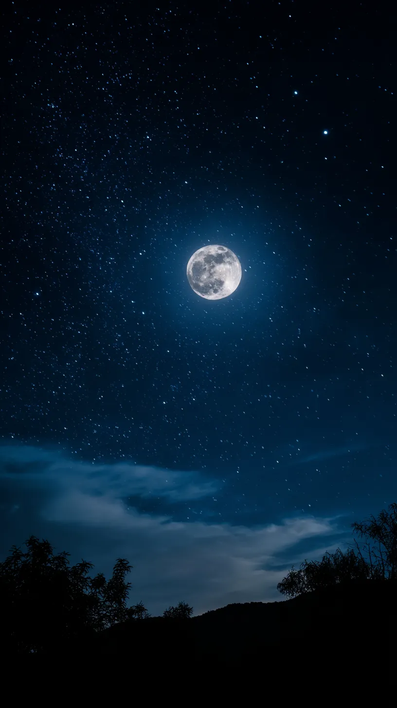 美しい星空 壁紙 月と星｜満月の周囲を散りばめた星々が際立ち、夜空全体を優しく照らす美しい星空の壁紙。月光に照らされた雲や山影が静けさを強調し、深い夜の情景を完成させている。