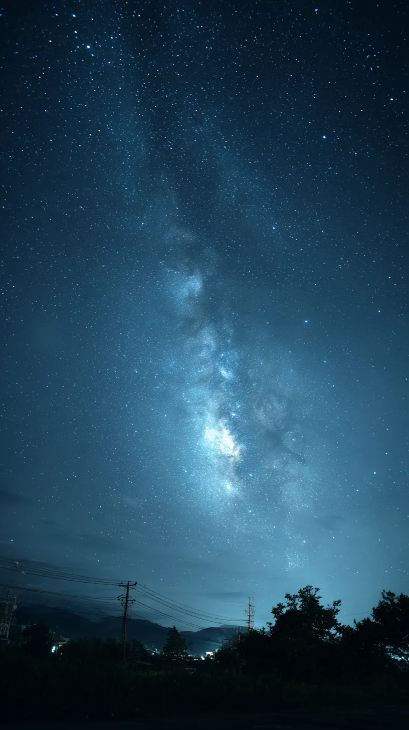 美しい星空 壁紙 青銀の天｜青みがかった空に銀河が浮かび上がり、街明かりの下に広がる美しい星空の壁紙。星々の群れが深遠な宇宙の流れを示し、幻想的な輝きを放っている。