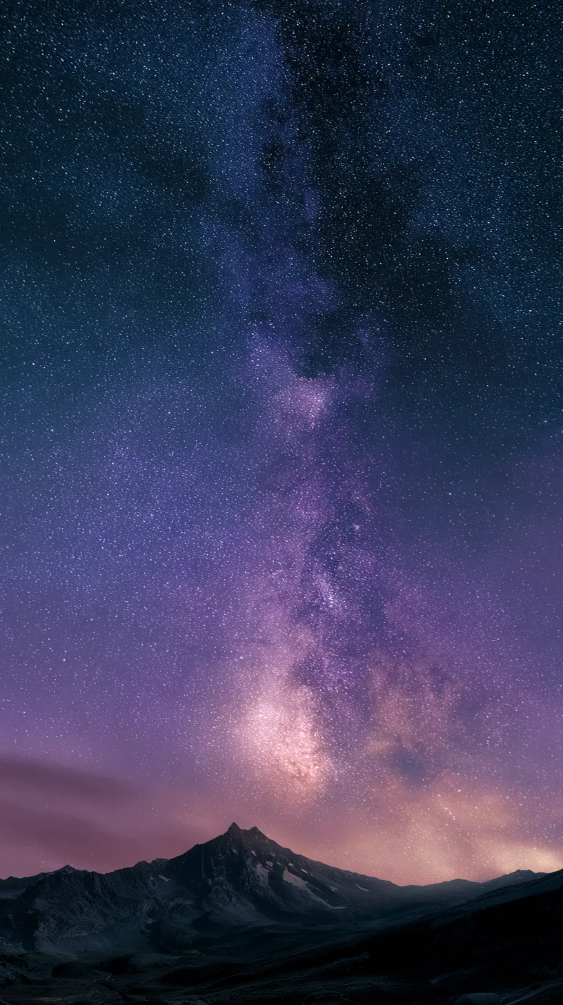 美しい星空 壁紙 紫の天川｜紫がかった夜空に銀河がくっきりと浮かび、山並みと対比する美しい星空の壁紙。宇宙の奥行きが感じられる色彩表現が、壮大な情景を際立たせている。