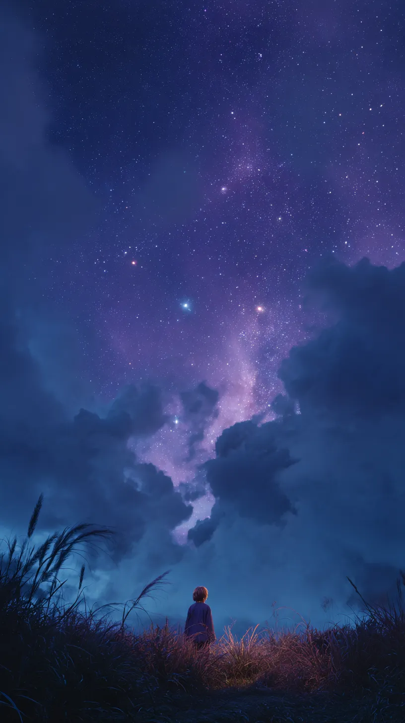 美しい星空 壁紙 少年と空｜草原に立つ少年が仰ぐ先に広がる美しい星空の壁紙。雲間からのぞく星々と銀河が幻想的で、人物の小ささが宇宙の広大さを強調している。