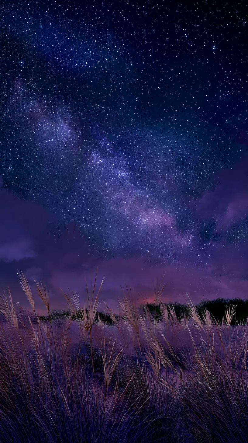 おしゃれ夜景 壁紙 草原と銀河｜紫がかった夜空に広がる銀河と草原の穂が調和するおしゃれ夜景の壁紙。繊細な光の粒と穂の揺らぎが幻想的な奥行きを演出している。