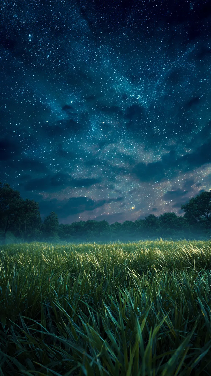 おしゃれ夜景 壁紙 緑野に星空｜草原に広がる深い緑と、空一面に輝く無数の星が織りなすおしゃれ夜景の壁紙。地平線の霞が夜の静けさと神秘性を強調している。