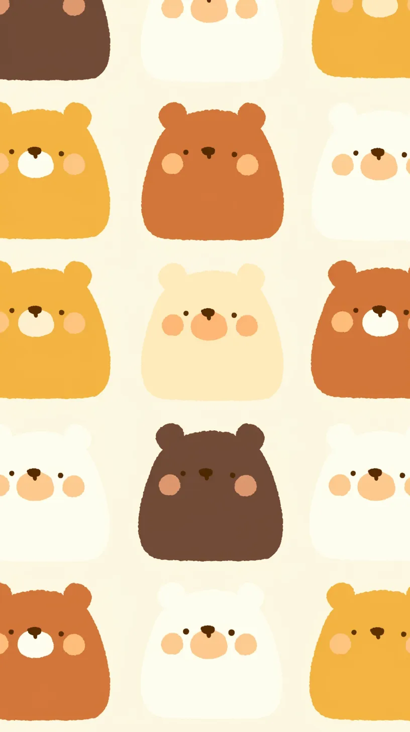 かわいいくま壁紙ナチュラル色｜暖色系を中心に柔らかな配色で描かれたくまが並ぶかわいいくま壁紙。素朴で親しみやすい表情が連なり、全体に温かみのあるナチュラルな印象を与えている。