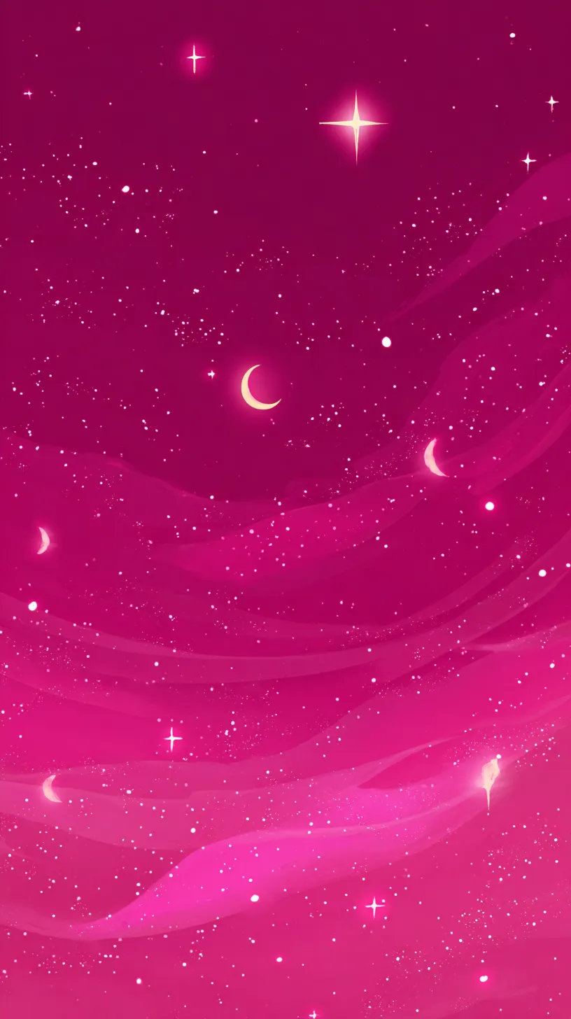 おしゃれ夜景 壁紙 桃色の幻想｜鮮やかなピンクの空に浮かぶ星と三日月が幻想的に輝くおしゃれ夜景の壁紙。柔らかな色彩と光の表現が夢の中のような世界を広げている。