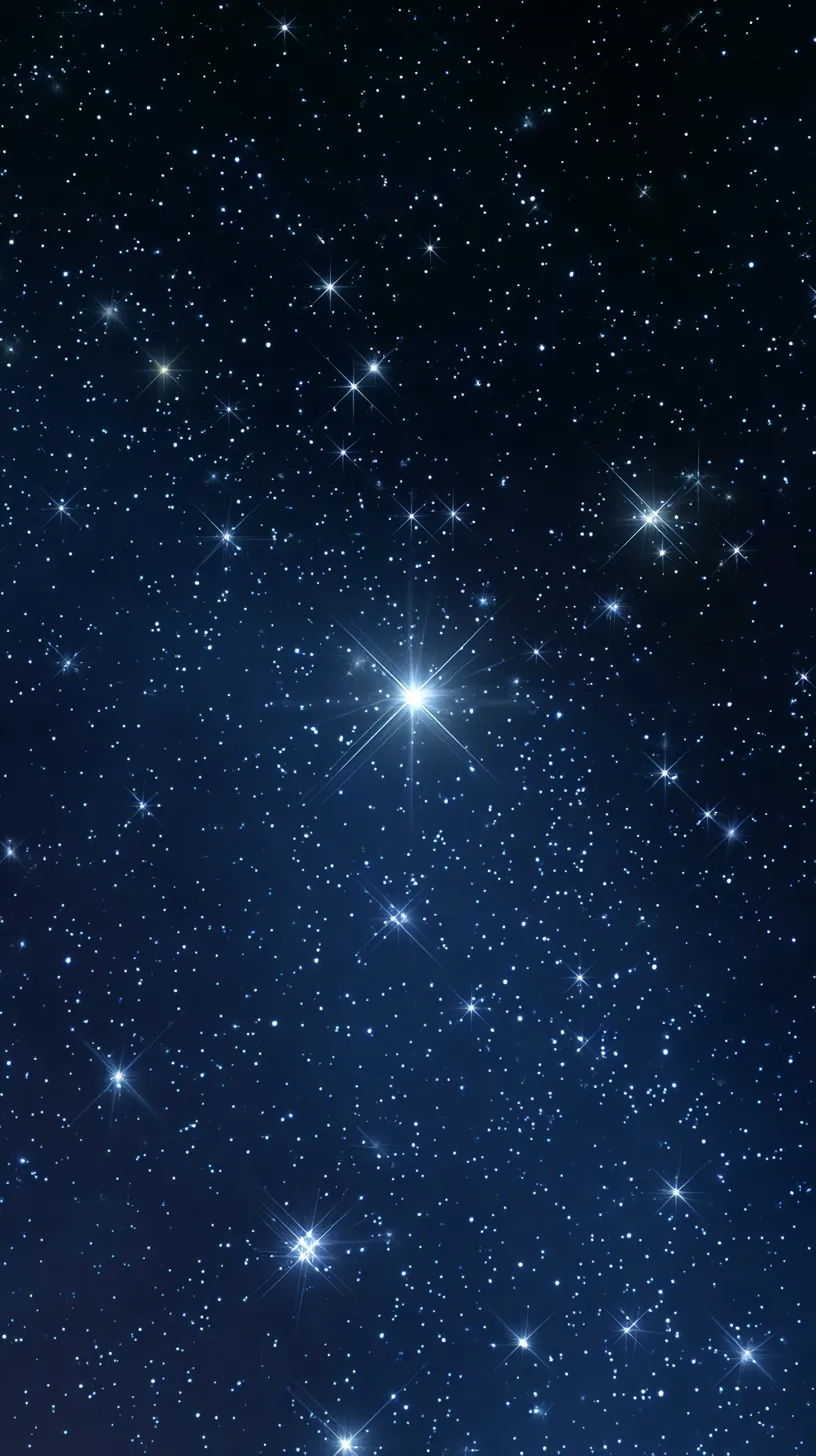 かっこいい夜景 輝く星壁紙｜鋭い輝きを放つ星々が夜空を彩るかっこいい夜景の壁紙。星光が交差しながら織りなす模様は力強く、漆黒の背景に銀色の光が鮮烈な印象を刻む壮麗な表情を持つ。