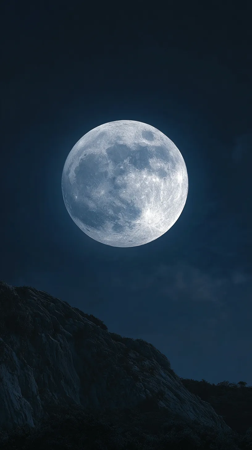かっこいい夜景 月明かり壁紙｜満月が岩山の上に堂々と浮かぶかっこいい夜景の壁紙。月の表面に刻まれた陰影がリアルに映し出され、冷たい青白い光が夜の静謐さを際立たせる構図が印象的。