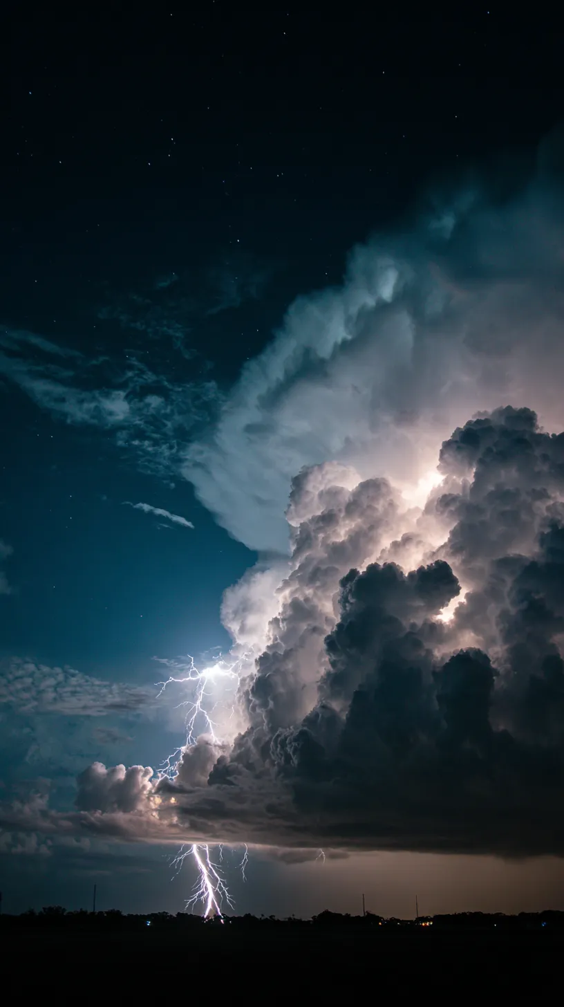 かっこいい夜景 雷雲壁紙｜稲妻が雲間を貫く瞬間を切り取ったかっこいい夜景の壁紙。巨大な雲が光に照らされることで立体感を増し、夜の闇に突き刺さる光が迫力を放っている。