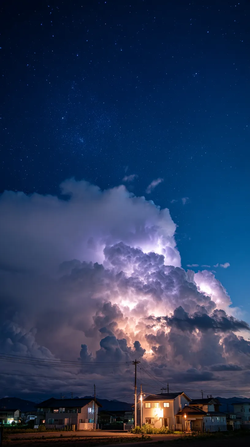 かっこいい夜景 住宅街雷雲壁紙｜住宅街の上にそびえる雷雲が紫の閃光を放つかっこいい夜景の壁紙。小さな街灯と対比する巨大な雲の存在感が、空と地上のスケールの差を際立たせている。