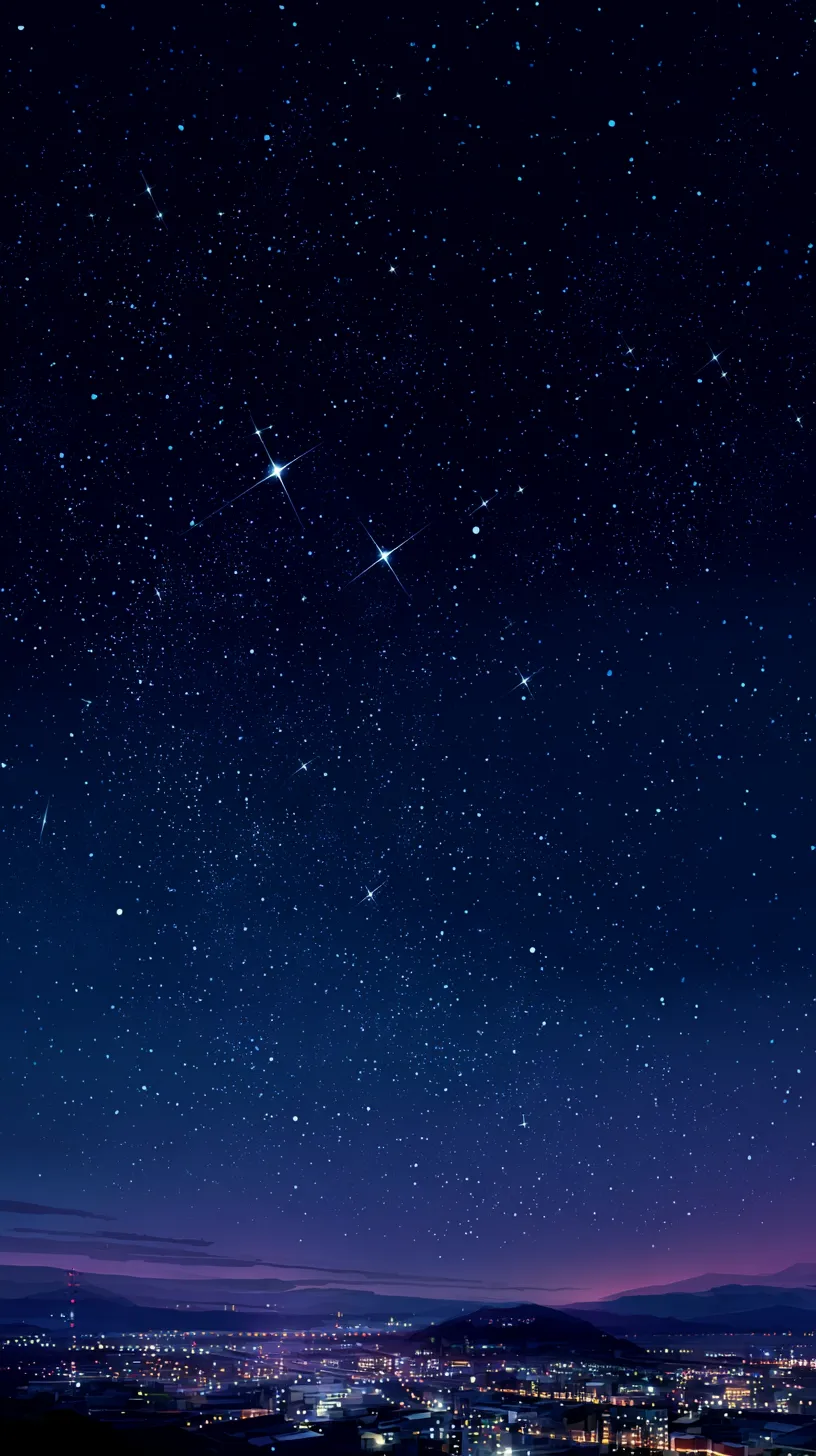 かっこいい夜景 都市星空壁紙｜遠くの都市の灯りと満天の星が交差するかっこいい夜景の壁紙。街の光と夜空の輝きが重なり、人工の明かりと自然の光の対比が美しく調和している。