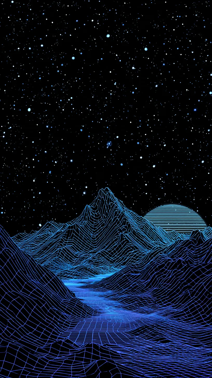 かっこいい夜景 ネオン山壁紙｜幾何学的な青の線で描かれた山並みと星空が広がるかっこいい夜景の壁紙。仮想世界のような未来的な風景が、現実を超える幻想的な世界観を生み出している。