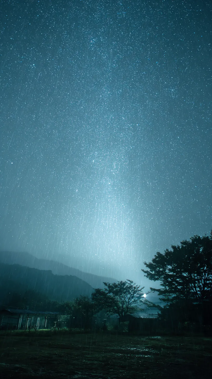 エモい夜景壁紙の雨夜銀河｜雨粒の軌跡と満天の星が重なり、幻想的な情景を描くエモい夜景壁紙。光に濡れた地面や樹木のシルエットが深みを増し、星と雨が一体化した異世界感が漂っている。