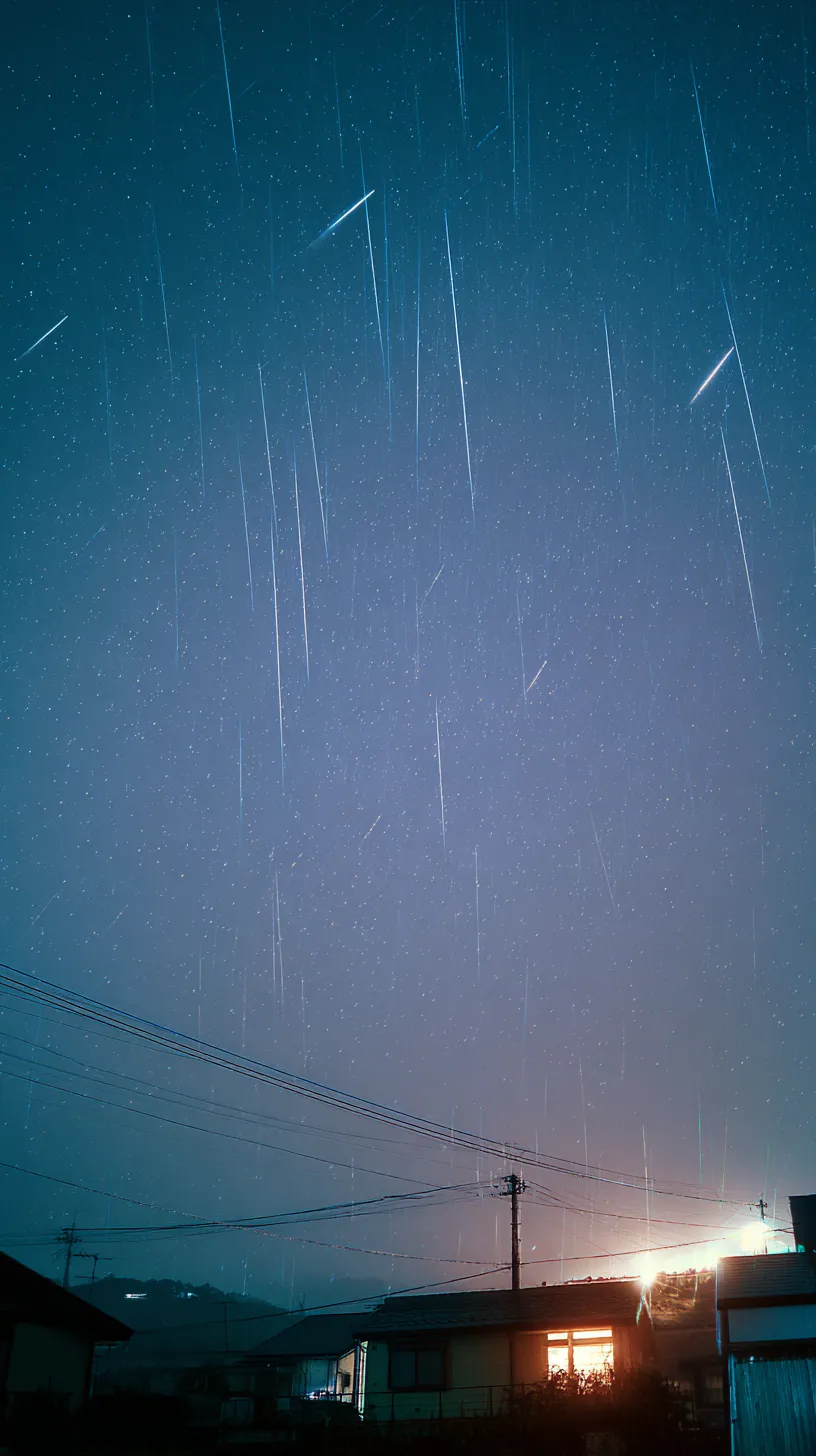 エモい夜景壁紙の流星雨空｜夜空を縦横に走る流星が描かれたエモい夜景壁紙。家々や電線のシルエットと重なる流星群の光跡が、日常の中に特別な瞬間を刻む印象的な構図を生んでいる。