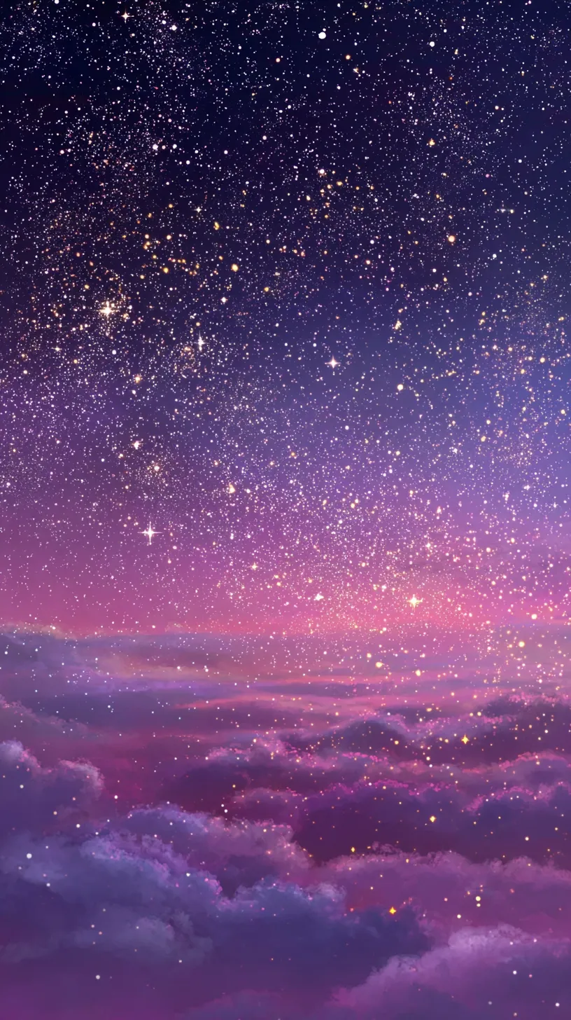 エモい夜景壁紙の雲海星明り｜紫と桃色に染まる雲海の上に散りばめられた星々が幻想的なエモい夜景壁紙。輝きの密度と柔らかな色彩の対比が、夢幻の世界に迷い込んだような印象を与えている。