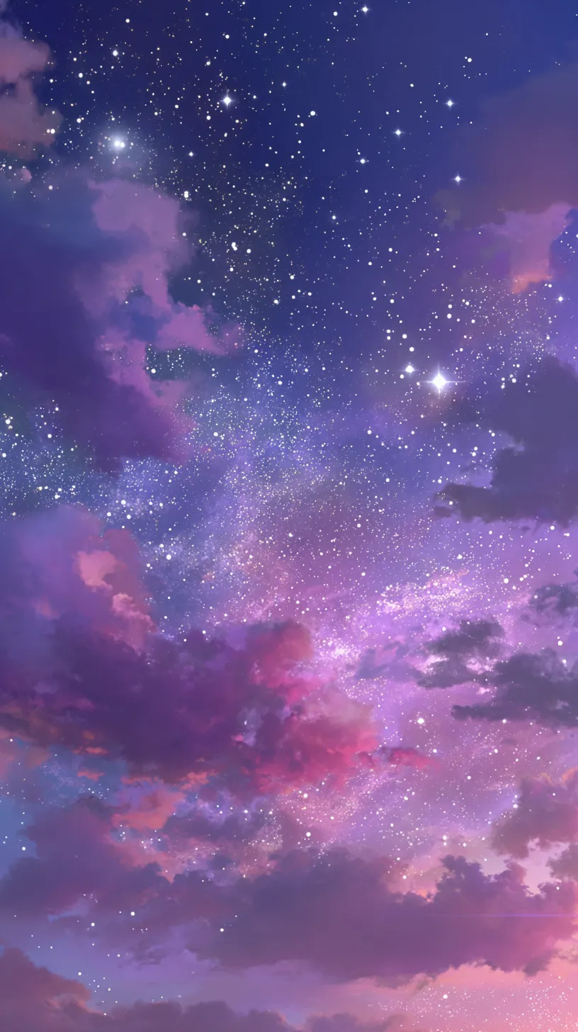 エモい夜景壁紙の星雲彩空｜夜空を覆う無数の星と色彩豊かな雲が重なり合うエモい夜景壁紙。青紫から淡い桃色へ移ろう空が、宇宙の広がりと叙情的な美を調和させた表現となっている。
