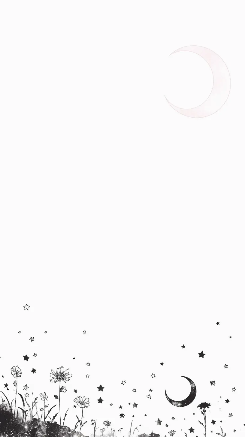 おしゃれ月壁紙の草原夜空｜白と黒のコントラストで描かれた草花と星々、その上に浮かぶおしゃれ月が幻想的に広がる壁紙。余白を活かした構図が静寂の美を引き立て、夜空の詩的な世界観を強調している。