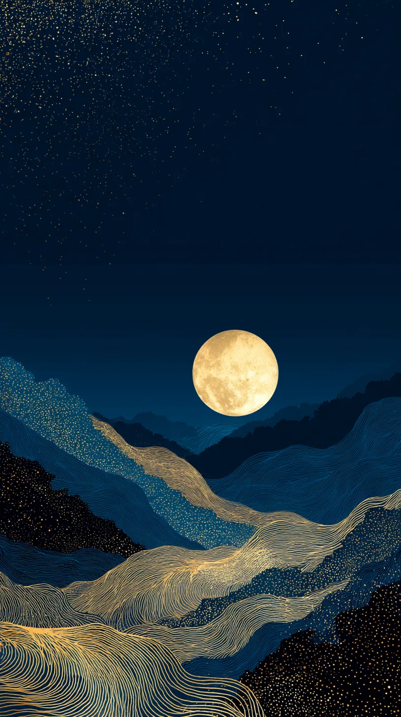 おしゃれ月壁紙の山間光景｜山々を金色の線で描き、中央に満月が輝くおしゃれ月壁紙。細やかな線の流れが夜の風景に躍動感を与え、静寂の中に流れる時間を視覚的に表現している。