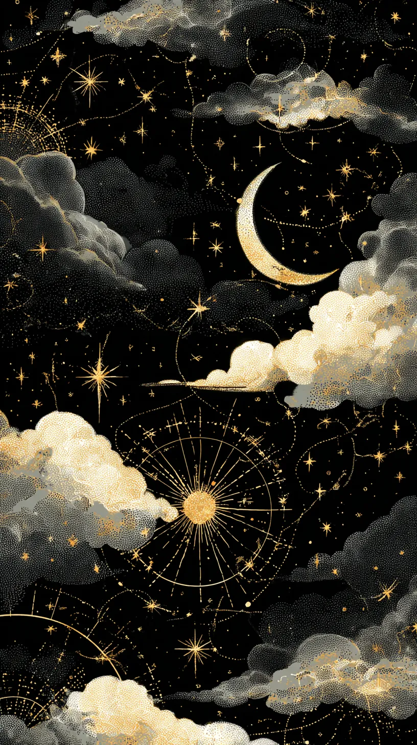 おしゃれ月壁紙の星雲幻想｜雲間に輝く三日月と星々が、金色の線で結ばれた壮大な宇宙模様を描くおしゃれ月壁紙。複雑な装飾が幻想的で、夜空を装飾品のように演出している。