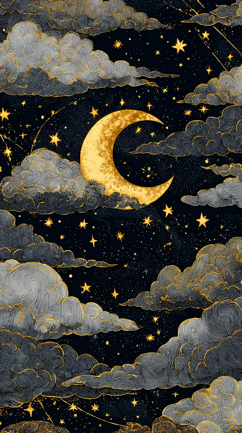 おしゃれ月壁紙の雲間三日月｜細やかな線で描かれた雲と星空の中に黄金の三日月が浮かぶおしゃれ月壁紙。緻密な線描と輝きの対比が、神秘と優美さを融合させている。