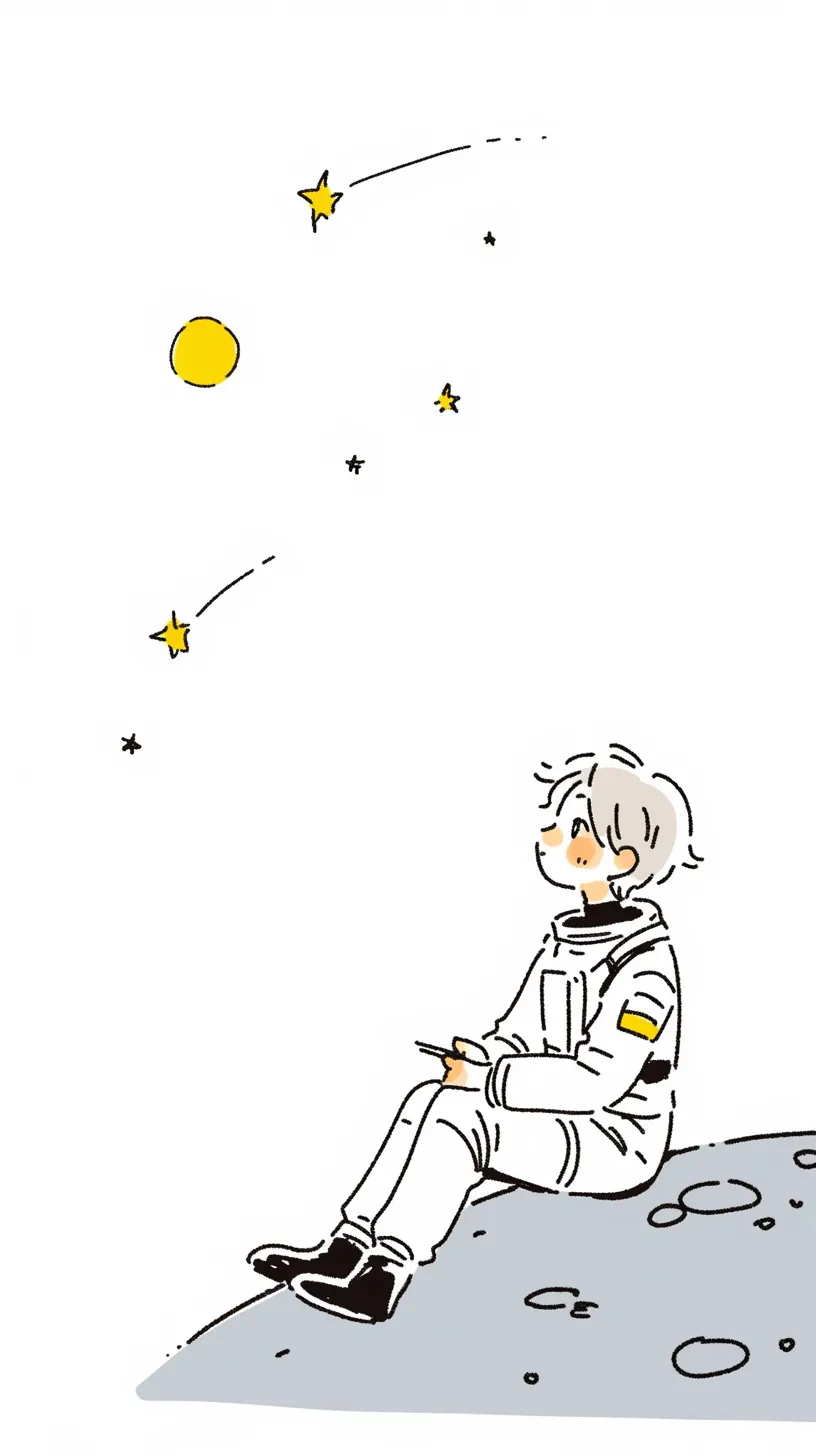 おしゃれ宇宙壁紙 少年の夢｜白地に浮かぶ黄色の星々を見上げる少年の姿が描かれたおしゃれ宇宙壁紙。シンプルな線と余白が強調され、星の軌跡が物語性を感じさせる構図となっている。