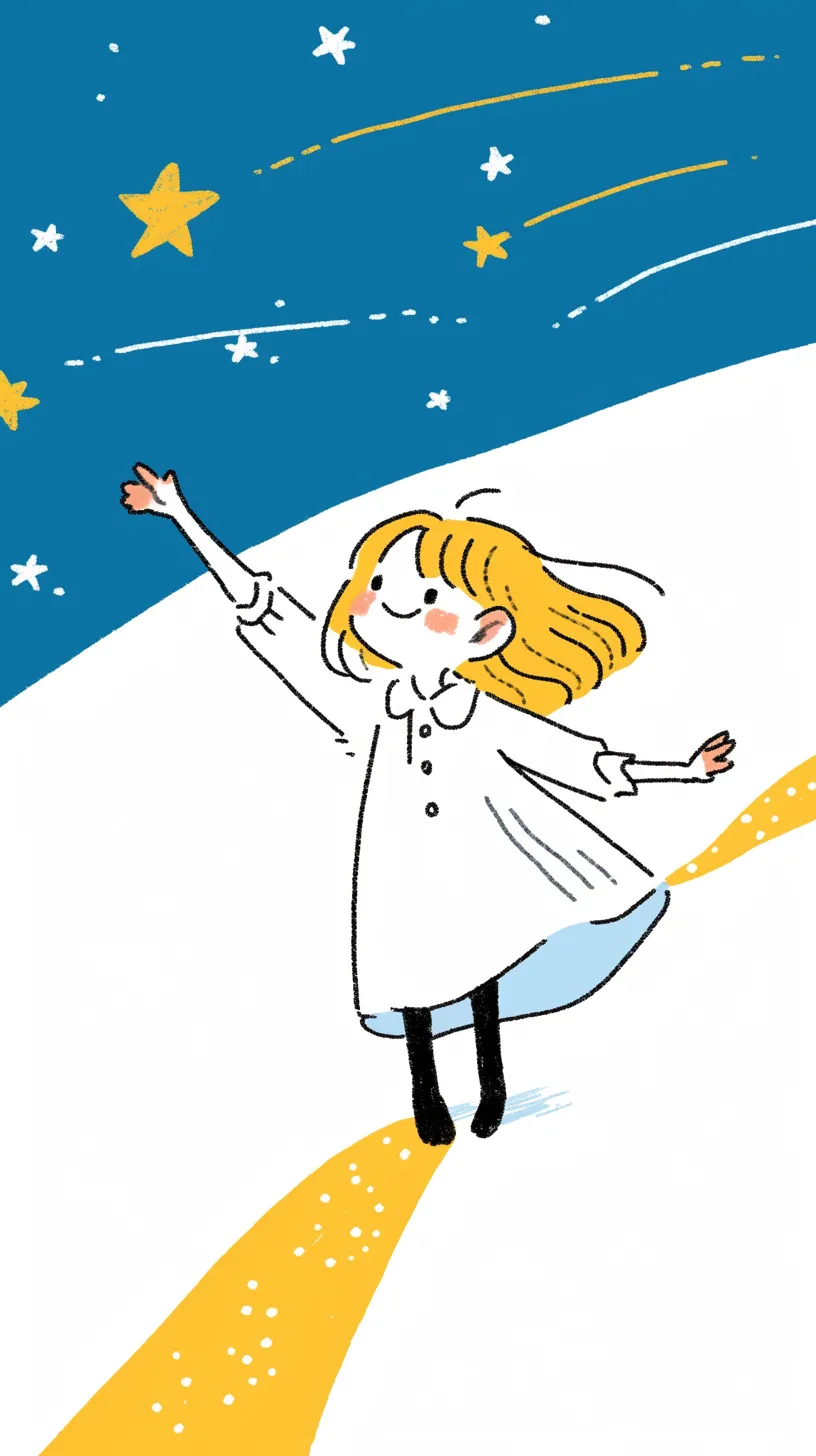 おしゃれ宇宙壁紙 星に手を伸ばす｜青い夜空を背景に少女が星へ手を伸ばす姿を描いたおしゃれ宇宙壁紙。黄色の軌跡が希望の流れを示し、軽やかな立ち姿が夢見る瞬間を象徴している。