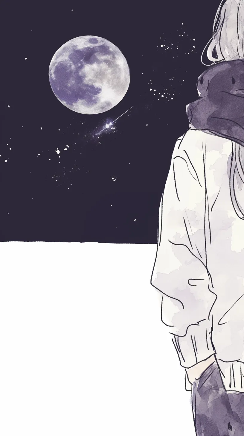 おしゃれ宇宙壁紙 月の夜｜満月の前に立つ人物の後ろ姿が静謐に描かれたおしゃれ宇宙壁紙。濃紺の空と白い月の対比が幻想的で、余白を活かした構成が深い余韻を生み出している。
