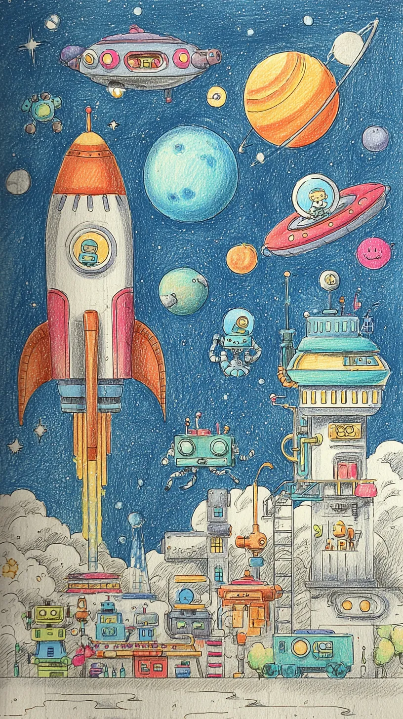 おしゃれ宇宙壁紙 宇宙都市｜カラフルなロケットやロボットが入り混じる都市風景を描いたおしゃれ宇宙壁紙。賑やかな色彩と細部の描写が活気を伝え、宇宙冒険の夢を鮮やかに表現している。