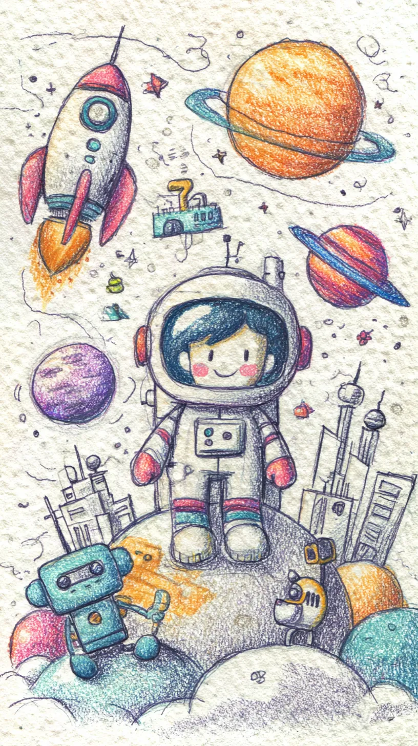おしゃれ宇宙壁紙 宇宙少年｜可愛らしい宇宙服の少年を中心に惑星やロケットが囲むおしゃれ宇宙壁紙。手描き風の色彩が温かく、賑やかさの中に親しみやすさを感じさせる仕上がりになっている。