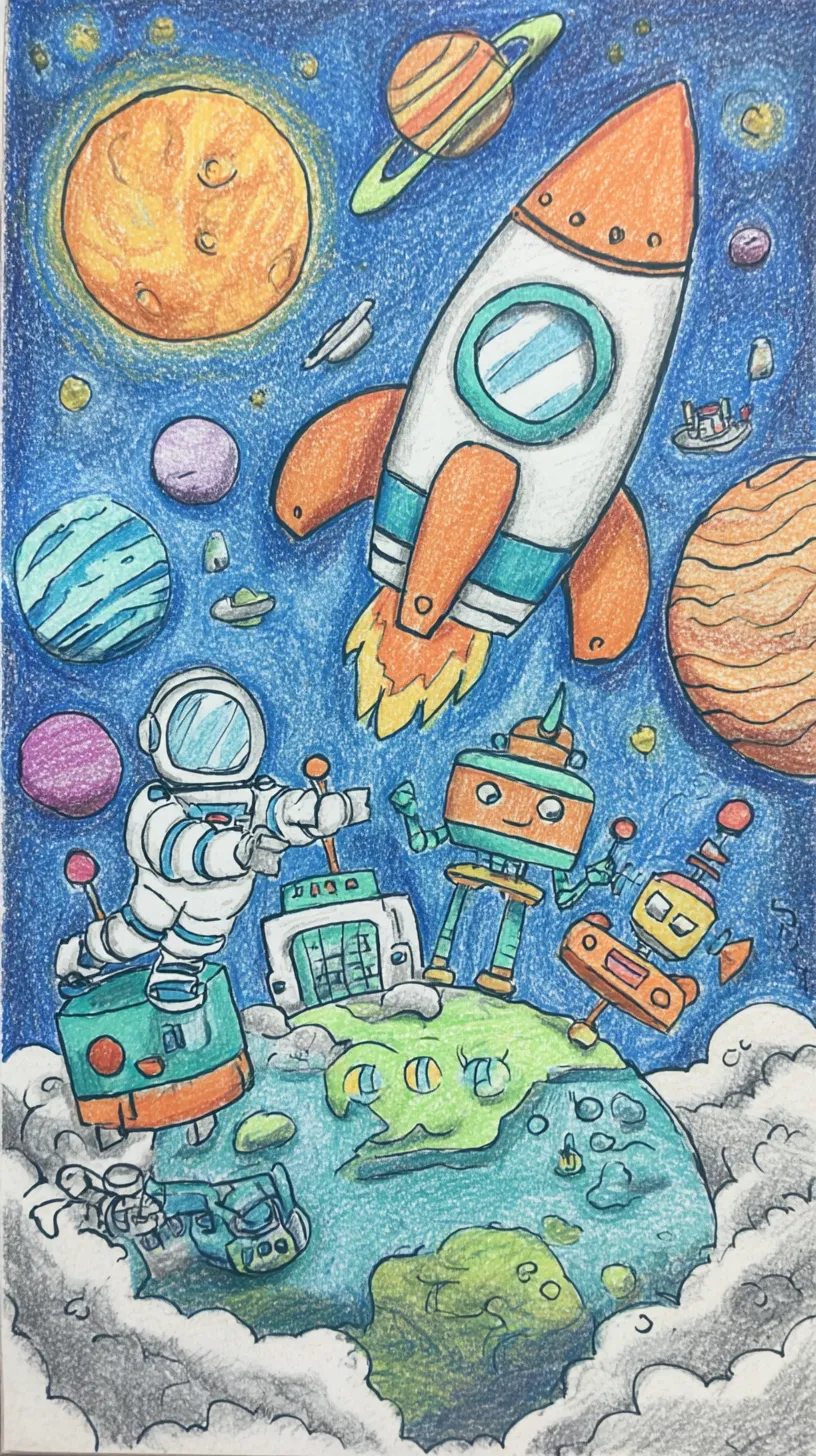 おしゃれ宇宙壁紙 銀河探検｜惑星やロケットに囲まれた宇宙飛行士とロボットたちを描いたおしゃれ宇宙壁紙。彩度の高い色合いとにぎやかな配置が冒険心を刺激し、楽しい空間を作り上げている。