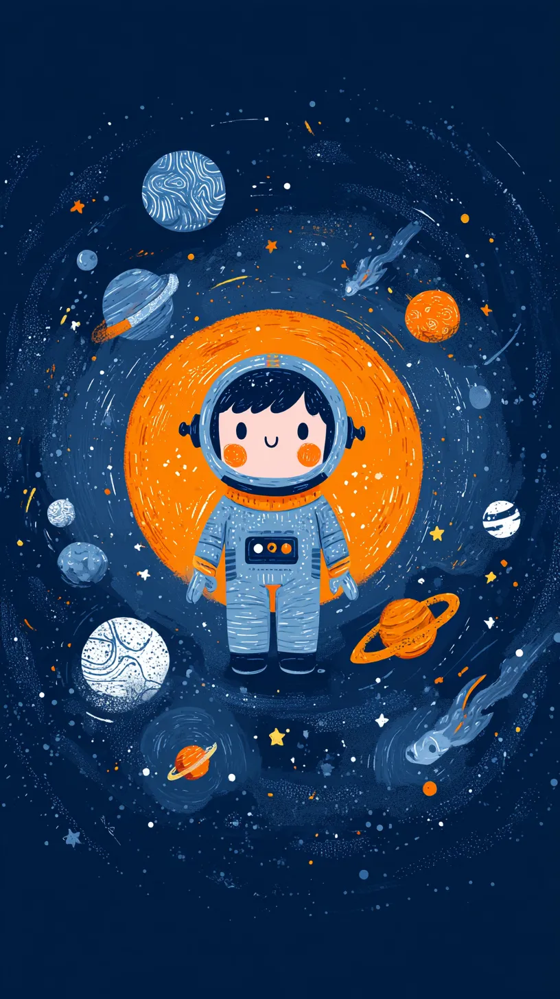 おしゃれ宇宙壁紙 銀河の中心｜オレンジの円環に囲まれた宇宙服の子供を中心に配置したおしゃれ宇宙壁紙。背景の惑星や彗星が渦を成し、宇宙全体に包まれているような構成が印象的である。