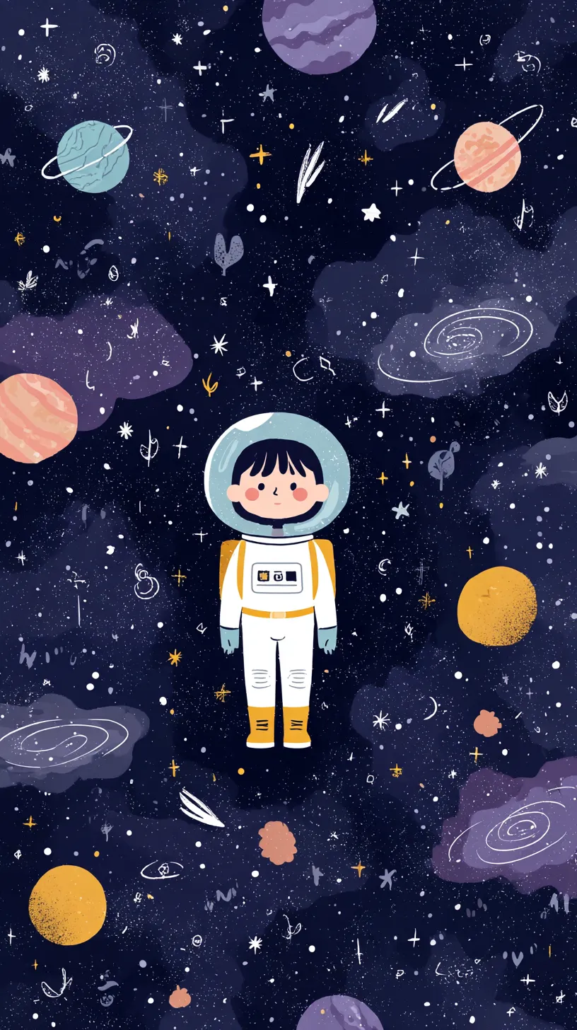 おしゃれ宇宙壁紙 星空漂う｜深い紺色の宇宙に浮かぶ少年宇宙飛行士を描いたおしゃれ宇宙壁紙。散りばめられた星や銀河が広がり、無重力感を伴う配置が静かで幻想的な雰囲気を醸し出している。