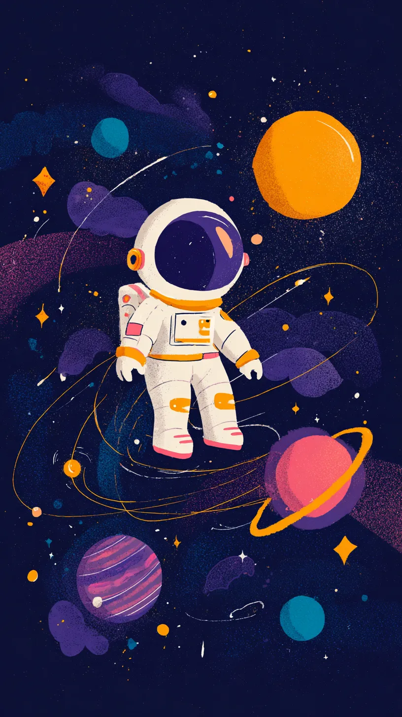 おしゃれ宇宙壁紙 漂う宇宙服｜鮮やかな惑星の間を漂う宇宙飛行士を描いたおしゃれ宇宙壁紙。紫とオレンジの色彩が強調され、曲線的な軌跡が浮遊感とリズムを与えている構図となっている。