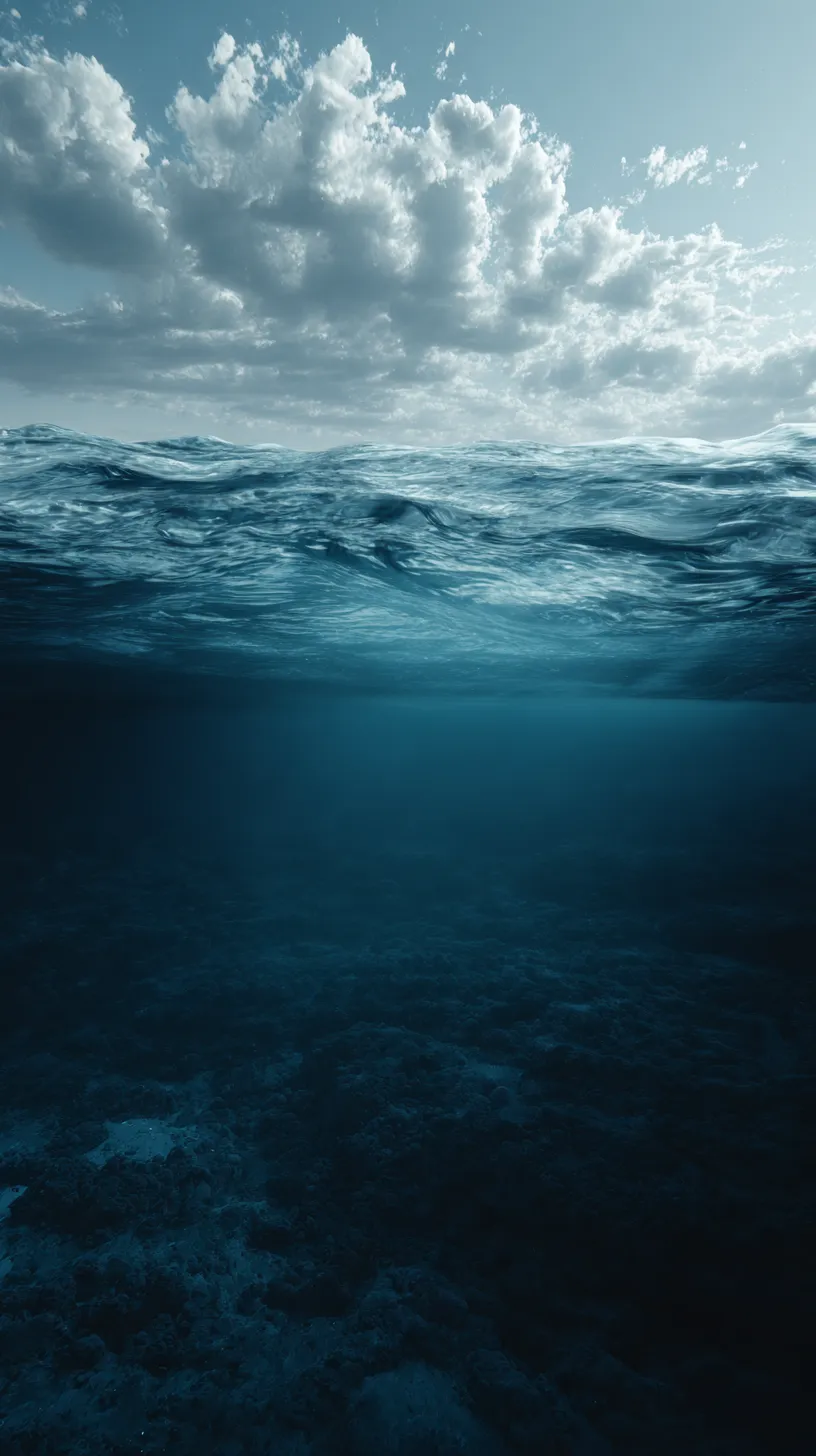 海の中壁紙 静かな深淵｜海の中に広がる暗い深淵を壁紙に描き出し、上層の光と深い影が織りなす世界を強調している。わずかに見える海底の質感が奥行きを与え、広がる静けさが空間を包み込む。深海の孤独と神秘を強調した構図が心を惹きつける。