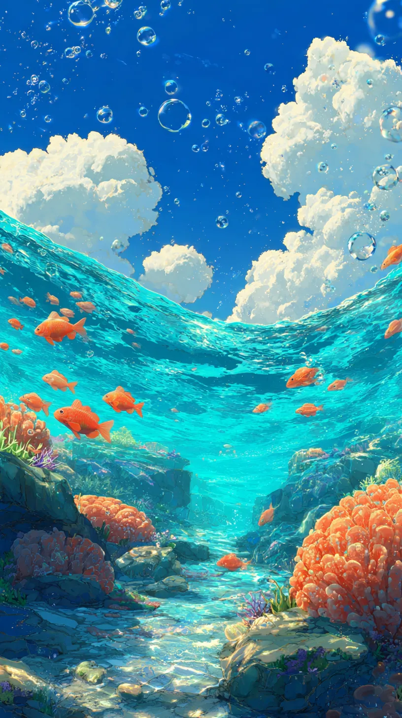 海の中壁紙 魚と雲｜海の中の鮮やかな魚群と空に広がる雲がひとつの風景として重なり合う壁紙。水面を突き抜けるような透明感のある構図は、幻想的な自然の融合を思わせる。光と色彩が絶妙に調和し、広がる世界を豊かに演出している。