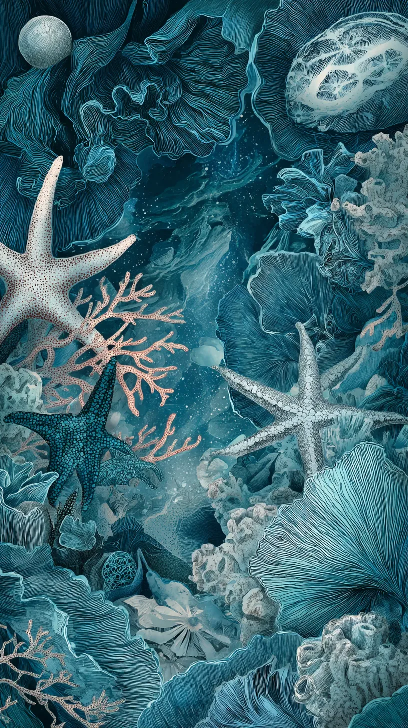海の中壁紙 サンゴの迷宮｜海の中に広がるサンゴやヒトデが細やかに描かれた壁紙。繊細な線と複雑な形状が織りなす空間は、迷宮のような奥深さを持つ。色調を抑えながらも陰影で立体感を際立たせ、静かに漂う幻想的な雰囲気を醸し出している。