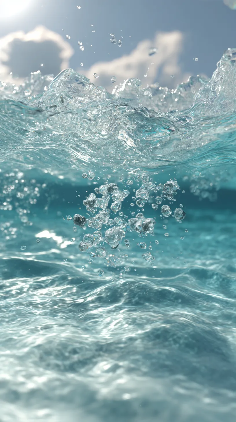 海の中壁紙 水飛沫の瞬間｜海の中から切り取られたかのように、水飛沫が宙に舞い上がる瞬間を壁紙に表現。透明な粒が光を捉えて輝き、力強さと清涼感が同居する構図となっている。波の動きと水滴の細やかさが鮮明に描かれ、臨場感を伝えている。