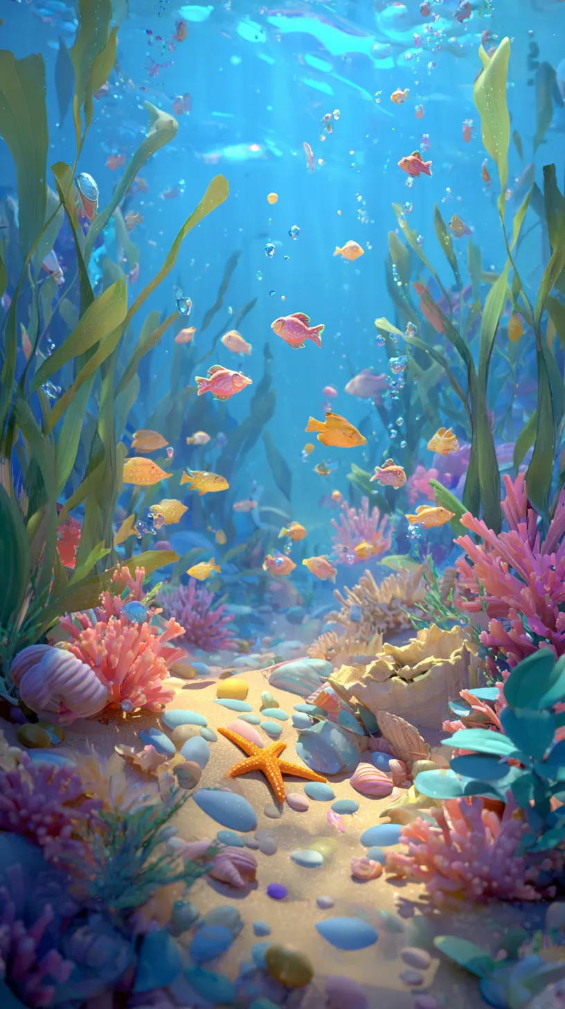 海の中壁紙 色彩の庭園｜海の中に広がるカラフルな魚や海藻が描かれた壁紙。鮮やかな配色と光の反射が生き生きとした世界をつくり、自然の多様性を視覚的に際立たせている。奥行きある構図が広がり、まるで庭園の中を覗き込むかのような印象を与える。