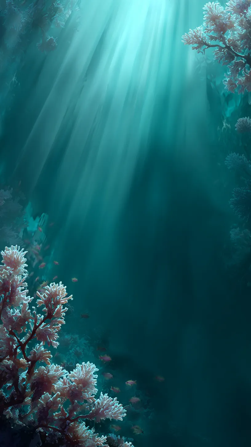 海の中壁紙 蒼の森｜海の中を満たす光が珊瑚を照らし出し、幻想的な蒼の森のように広がる壁紙。差し込む光が奥行きを生み、複雑に重なり合う色彩が深みを与える。静けさと生命力が共存するような世界観が、画面全体を豊かに満たしている。