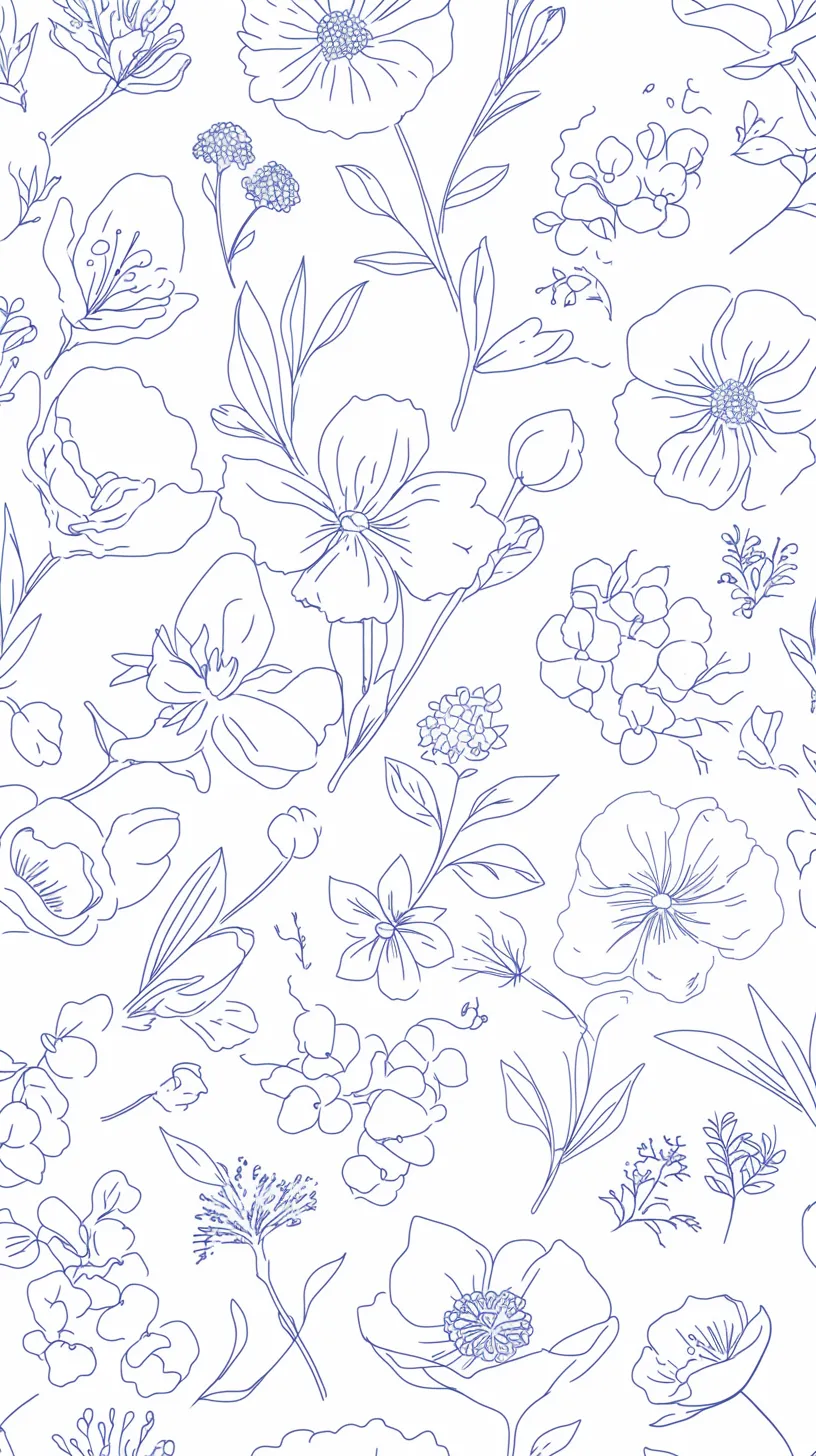 おしゃれ春壁紙 花の線画｜おしゃれ春の雰囲気を漂わせる壁紙で、繊細な線画の花々が軽やかに広がる。青みを帯びた線が清涼感を与え、余白との対比がモダンな印象を生み出している。全体に散りばめられた花の構成が華やかさと上品さを両立している。