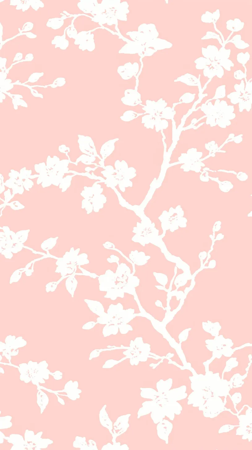 かわいい桜壁紙 ピンクの枝模様｜淡いピンクを背景に白い桜の枝が描かれたかわいい桜壁紙。シルエット調の花と枝が繊細に広がり、可憐さと柔らかな空気感を感じさせるデザインとなっている。
