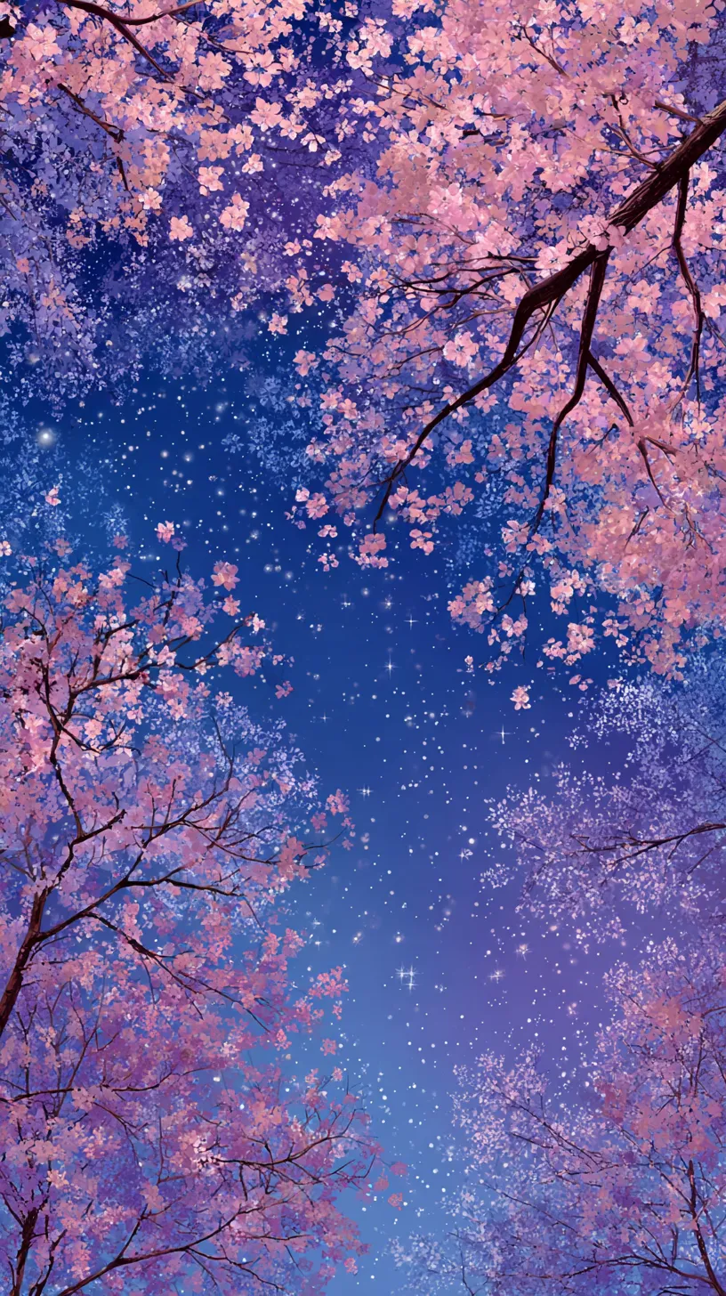 かわいい桜壁紙 星空に咲く｜夜空を仰ぐ視点に広がる満開の桜を描いたかわいい桜壁紙。紫から藍色への空のグラデーションに桜の枝が映え、幻想的で夢のような広がりを見せている。