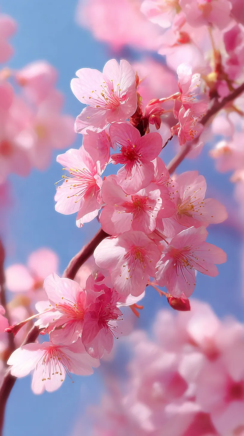 かわいい桜壁紙 青空に映える｜鮮やかな青空を背景に満開の桜が映えるかわいい桜壁紙。花びらの柔らかな透け感と光の差し込みが瑞々しく、春の息吹を感じさせる鮮烈な構成になっている。