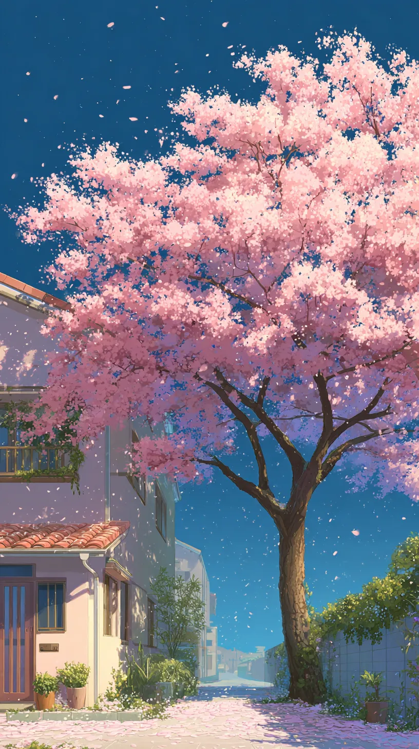 かわいい桜壁紙 路地の桜｜住宅街の路地に立つ大きな桜を描いたかわいい桜壁紙。散りゆく花びらが風に舞い、家々の静けさと春のにぎやかさが同時に伝わる温かな情景となっている。