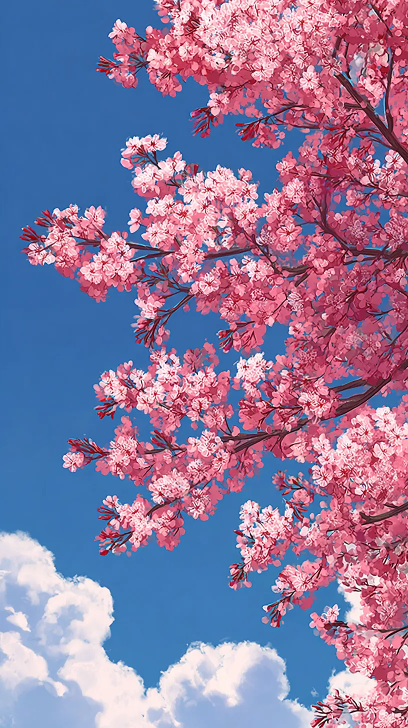 かわいい桜壁紙 雲と桜枝｜澄んだ青空と白い雲を背景に桜の枝が広がるかわいい桜壁紙。力強い枝ぶりと柔らかな花びらの対比が美しく、爽やかな春の日差しを感じさせている。