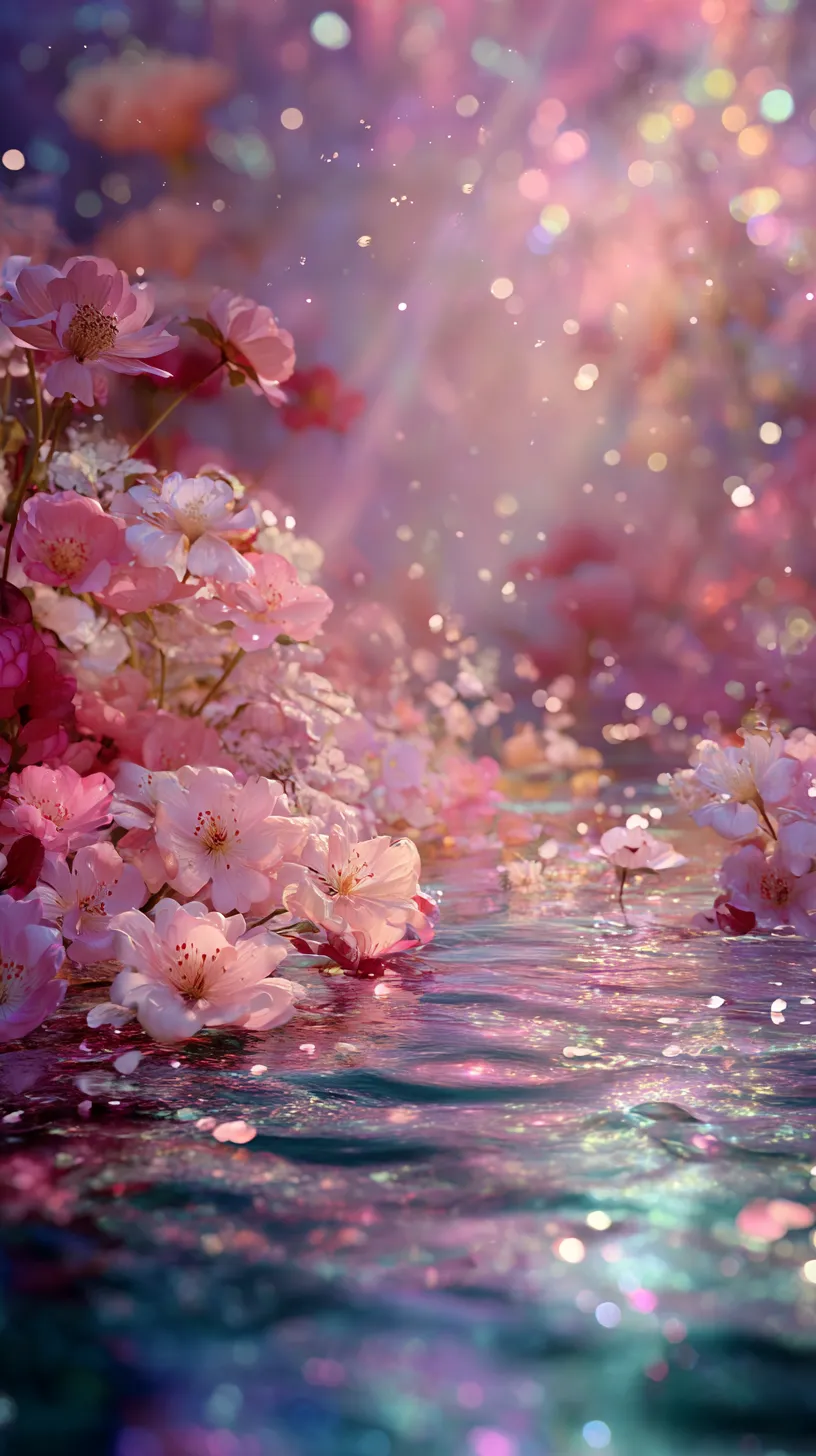 かわいい桜壁紙 幻想の花畔｜水面に浮かぶ桜と光の粒子が幻想的なかわいい桜壁紙。柔らかな光が差し込み、揺らめく花と反射が夢幻の世界を彩り、可憐さを一層際立たせている。