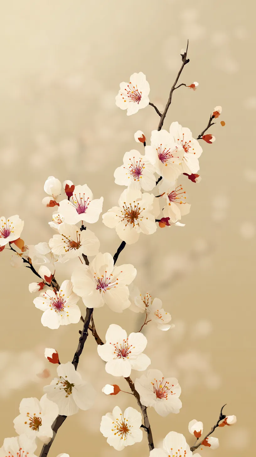 おしゃれ桜壁紙　春霞の枝先｜柔らかな生成り色の背景に浮かぶおしゃれ桜が壁紙として映える一枚。花弁の繊細な白さと朱色の蕾の対比が美しく、枝先に宿る春の気配をやわらかに際立たせている構図が魅力的です。