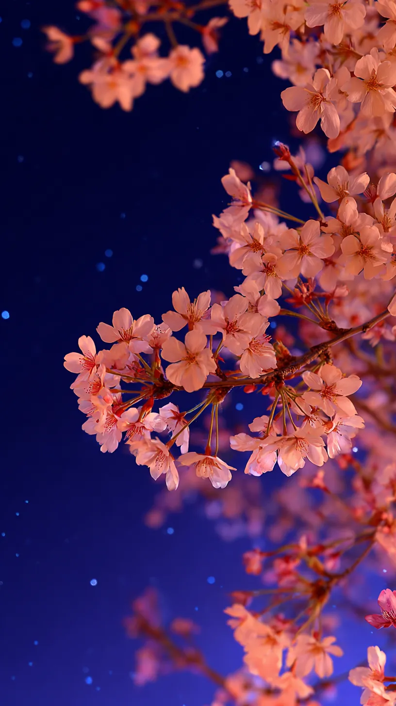 おしゃれ桜壁紙　夜空に舞う｜深い藍色の夜空を背景にしたおしゃれ桜が壁紙を彩る。星のように散る光点と淡い桃色の花弁が重なり、幻想的でロマンチックな雰囲気を強調しているのが印象的です。