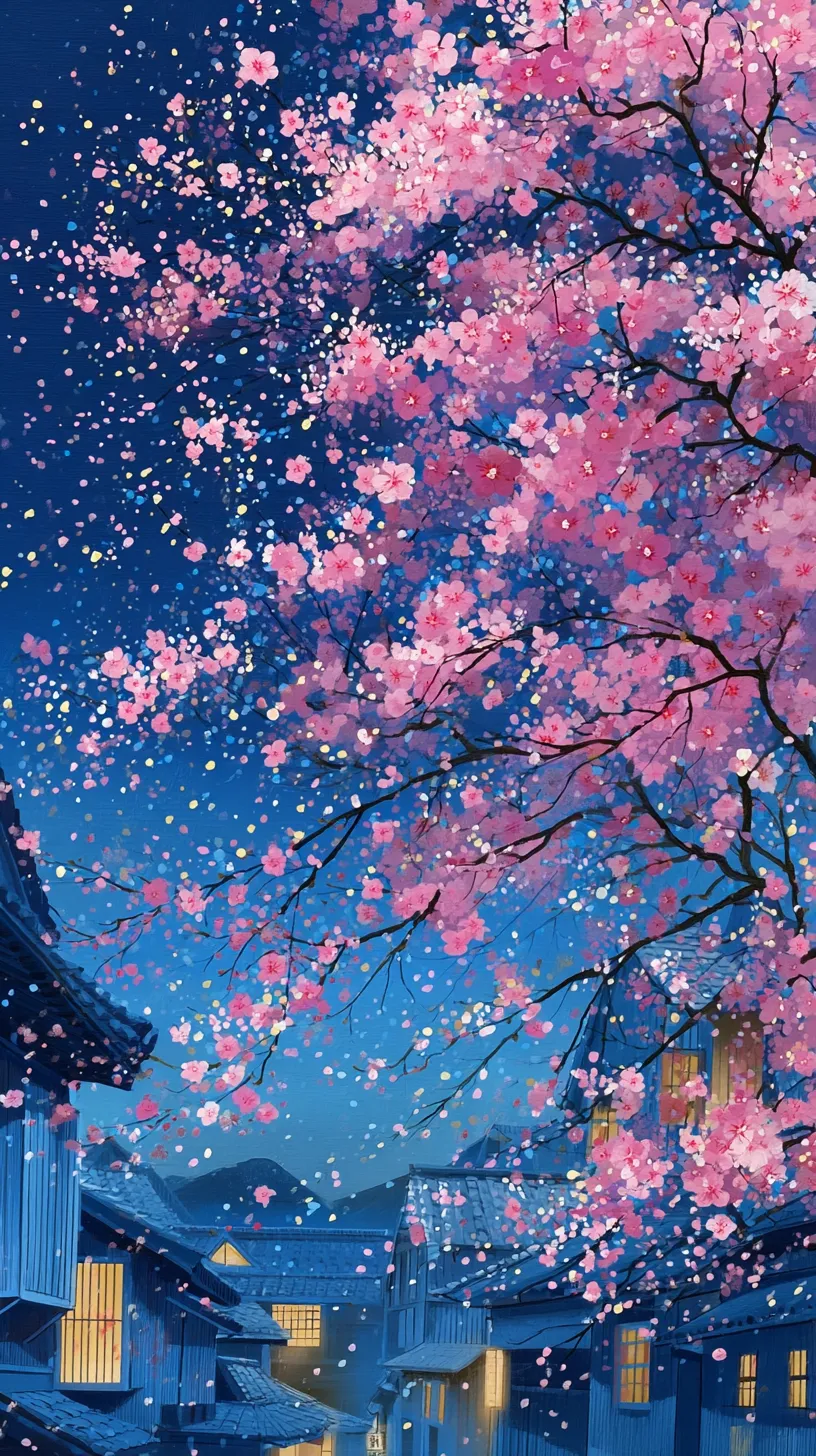 おしゃれ桜壁紙　町並みの宵｜青い宵空に咲き誇るおしゃれ桜が壁紙を華やかにする。古い町並みの屋根と灯火の光に舞い落ちる花びらが重なり、懐かしさと春の美をひとつに収めた叙情的な構図です。