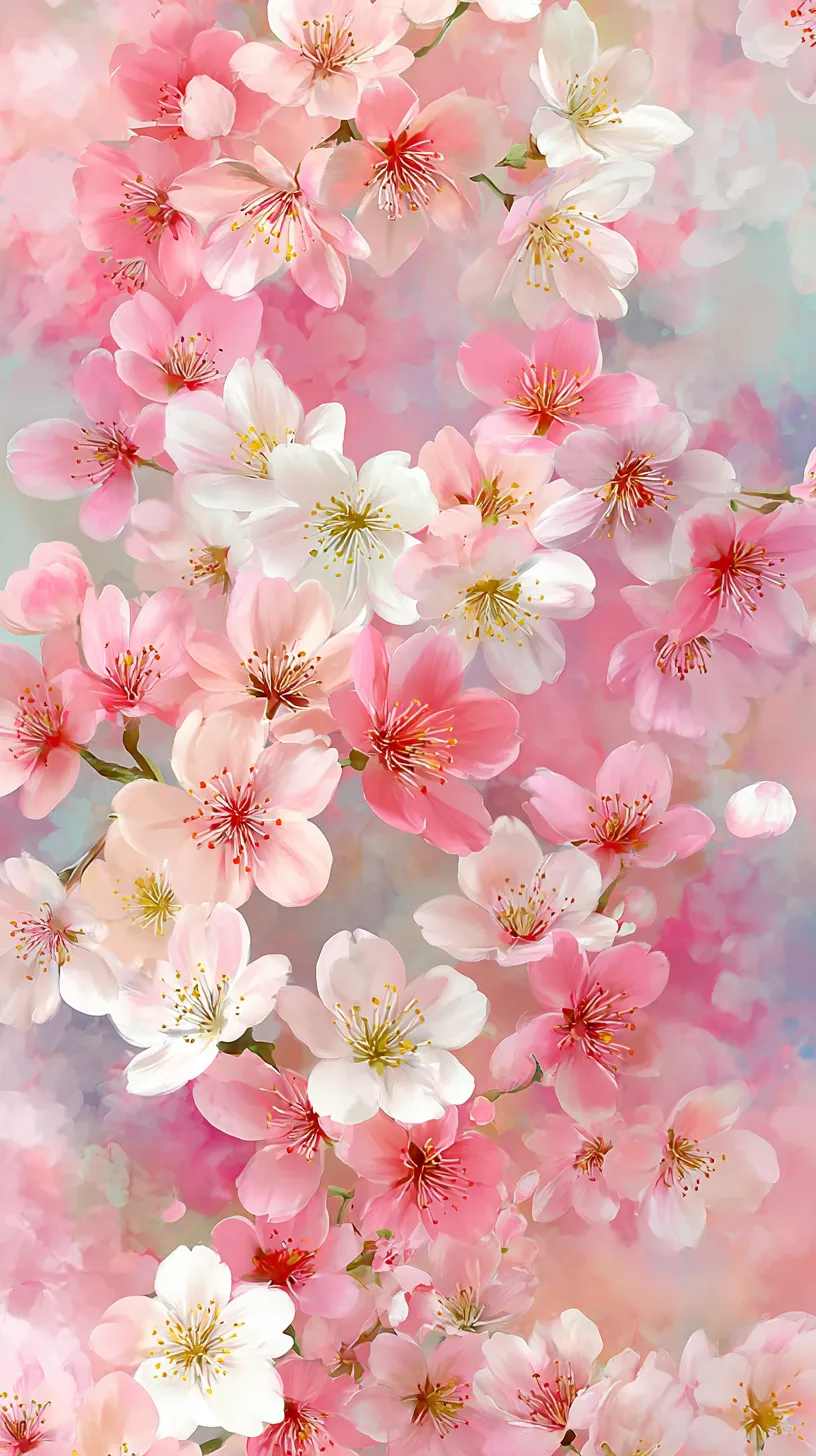 おしゃれ桜壁紙　彩雲の花束｜淡い水彩のような背景に咲き集うおしゃれ桜が壁紙に華やぎを添える。ピンクから白への移ろいが柔らかく、花束のように重なり合った姿が夢幻的な彩りを放っています。